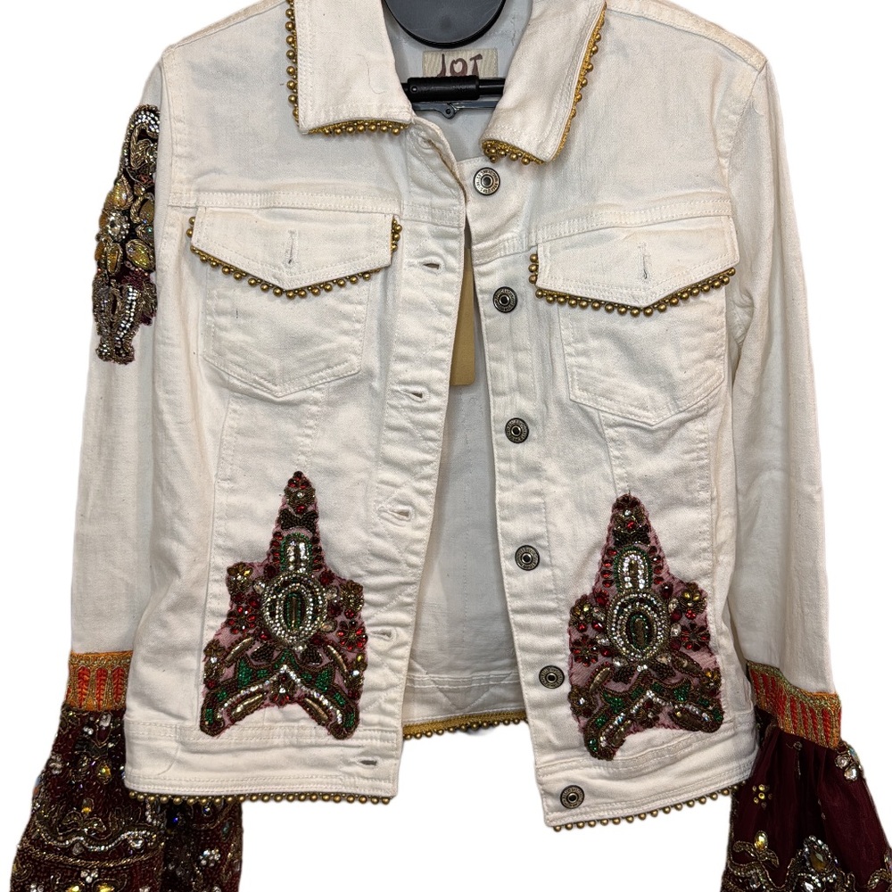 Embellished Cream Jean Jacket with Beaded Accents